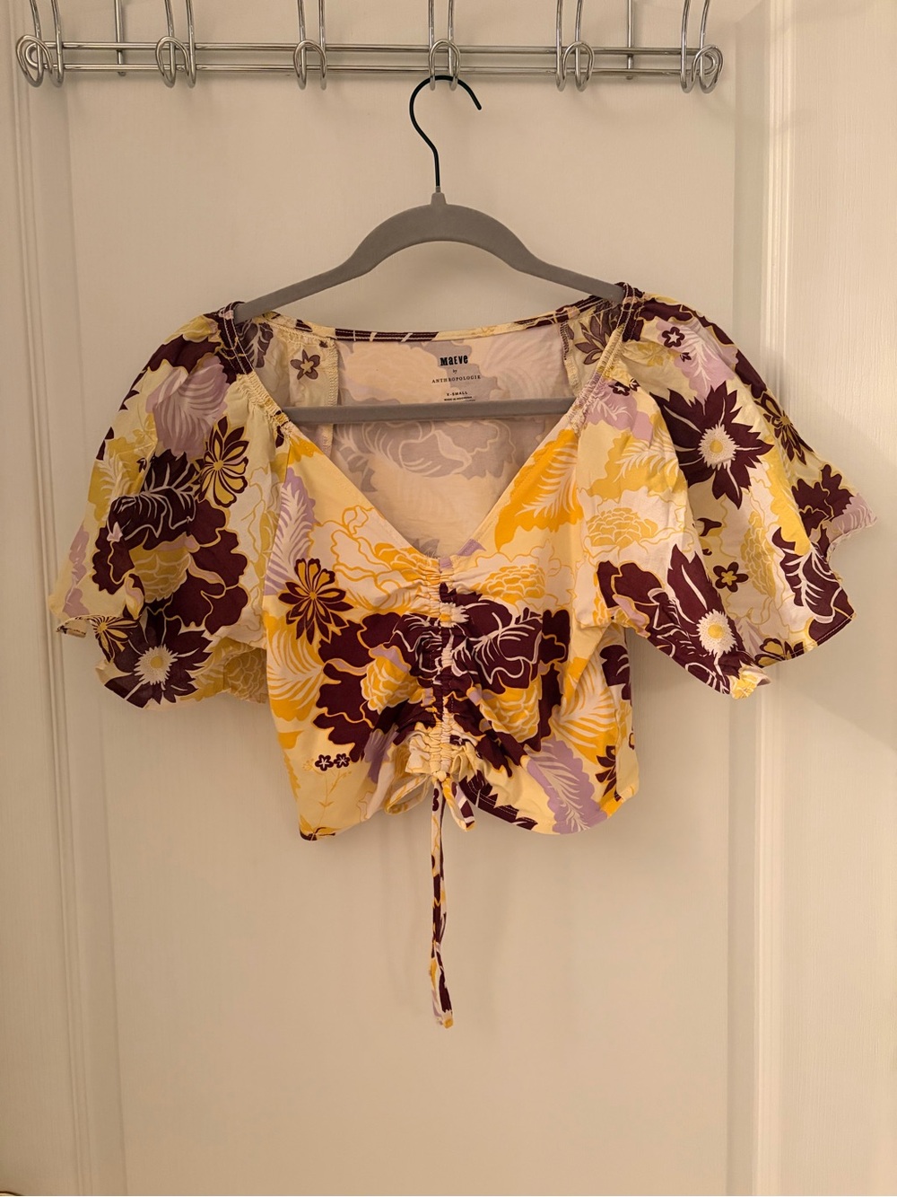 Maeve Yellow & Purple Floral Ruched Crop Top